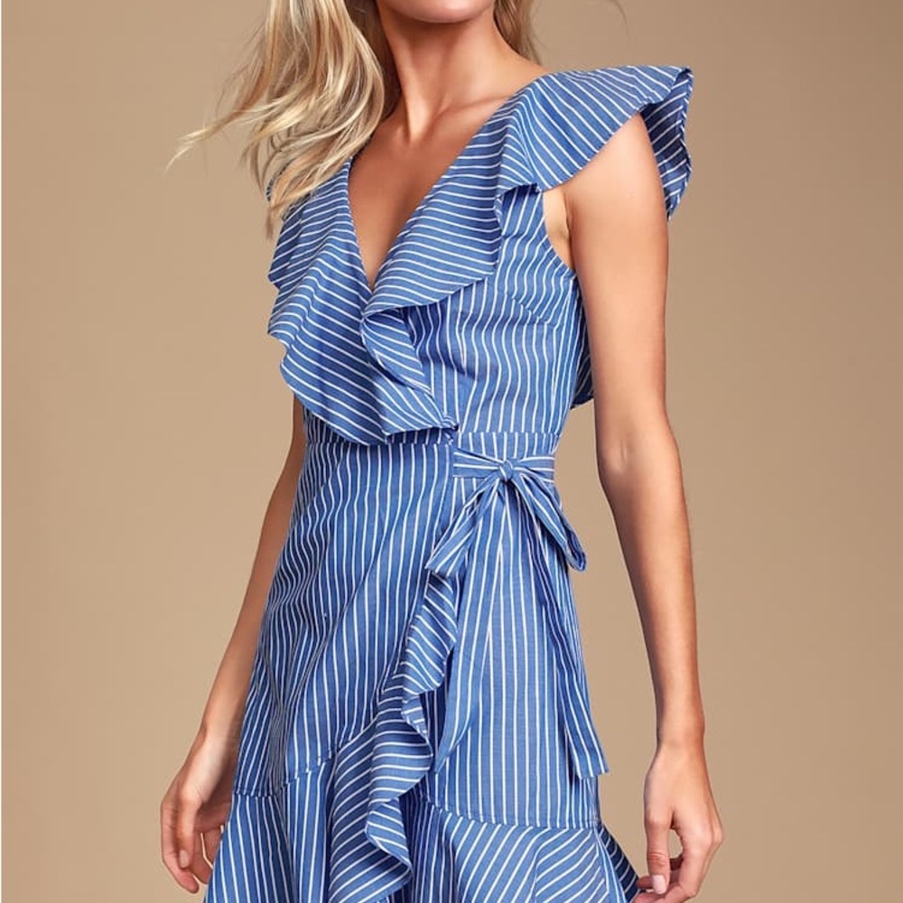 Lulu’s Valencia Blue Striped Ruffle Wrap Dress